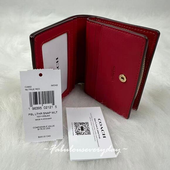 Coach Snap Wallet In Leather/Gold/True Red C2862 NWT - Picture 3 of 6